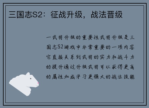 三国志S2：征战升级，战法晋级